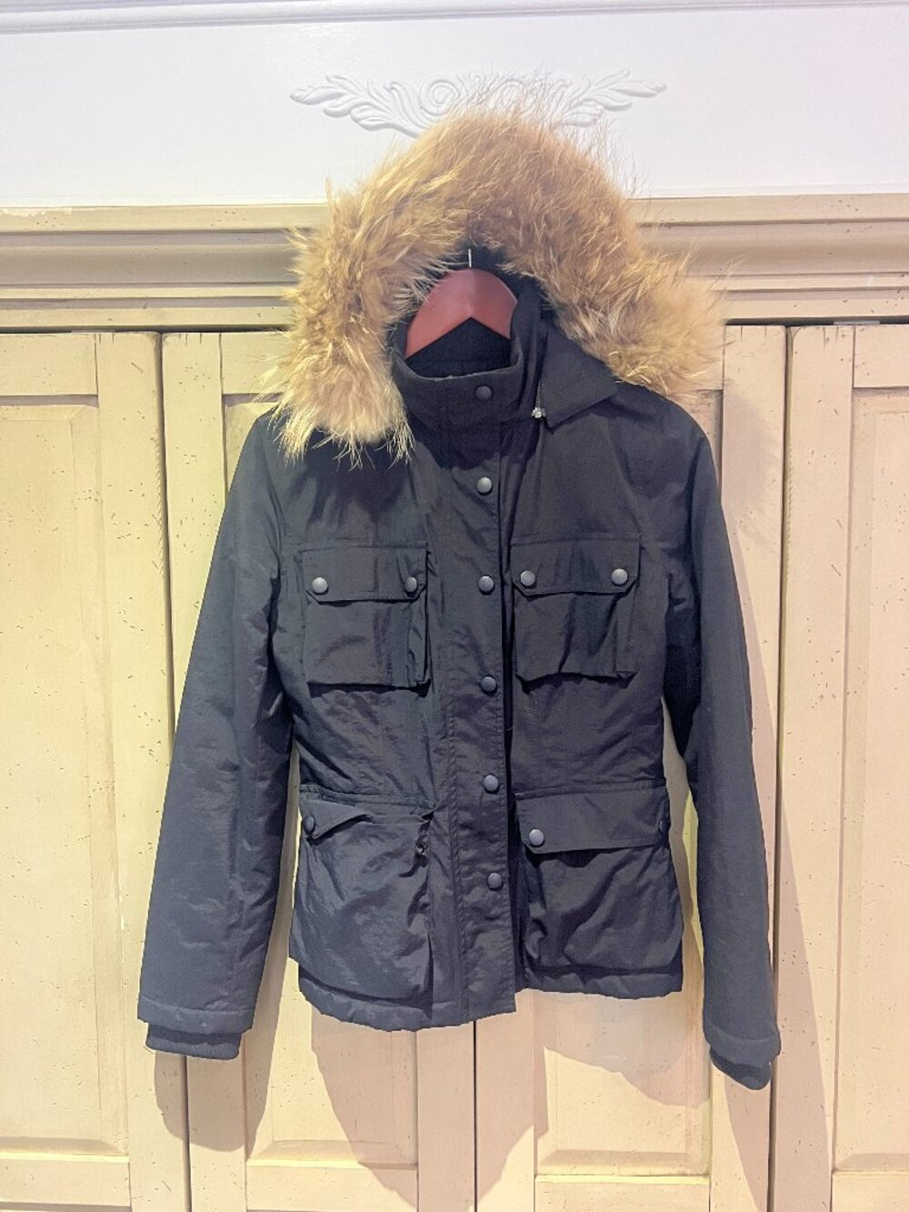 Vince Black Nylon Utility Jacket Removable Genuine Fur Trim Hood Quilted XS
